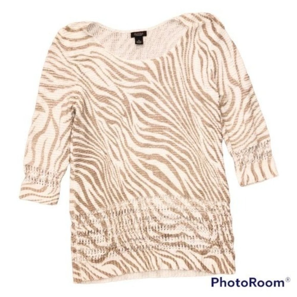 Peck & Peck Tan Lightweight Loose Knit Zebra Animal Print Tunic Sweater Size XL